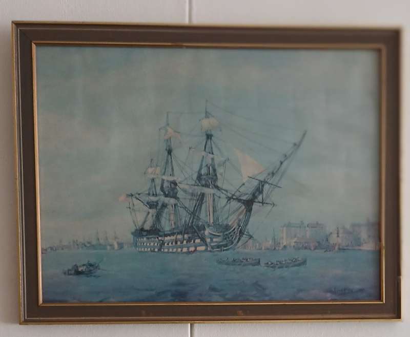 H.M.S VICTORY LEAVING PORTSMOUTH HARBOUR`. 14 APRIL 1812. OIL ON CANVAS.