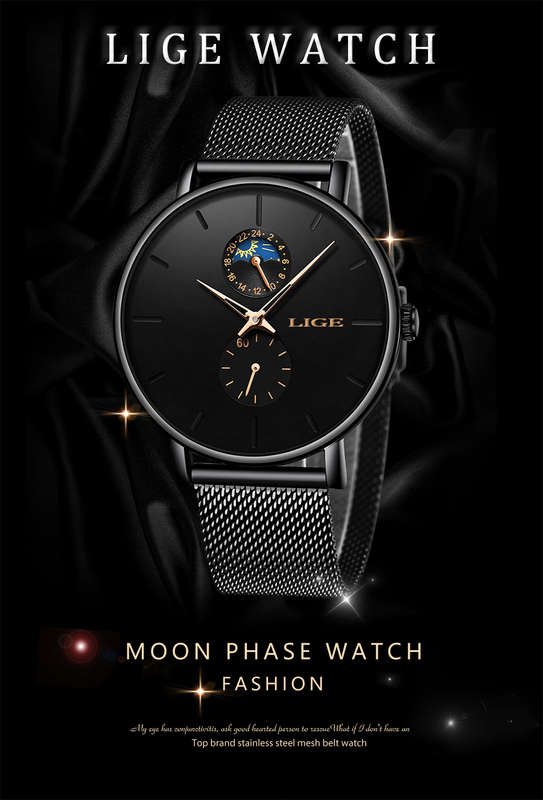 LIGE Eclipse: Black Unisex Watch with Gold Dial