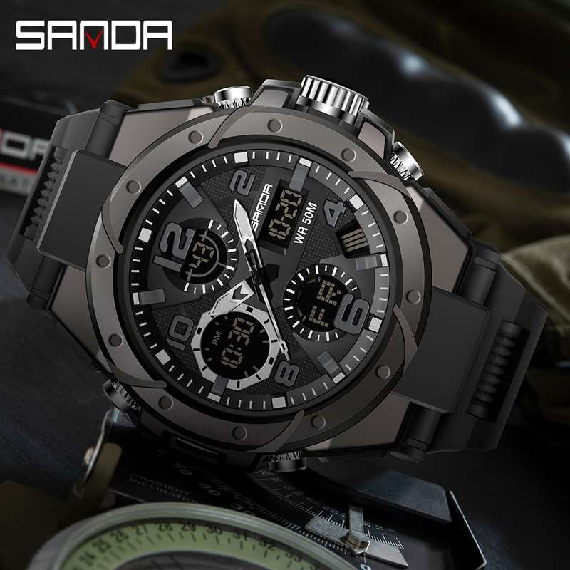 SANDA Chrono Sport: Dual Time Quartz Analog-Digital Waterproof Watch