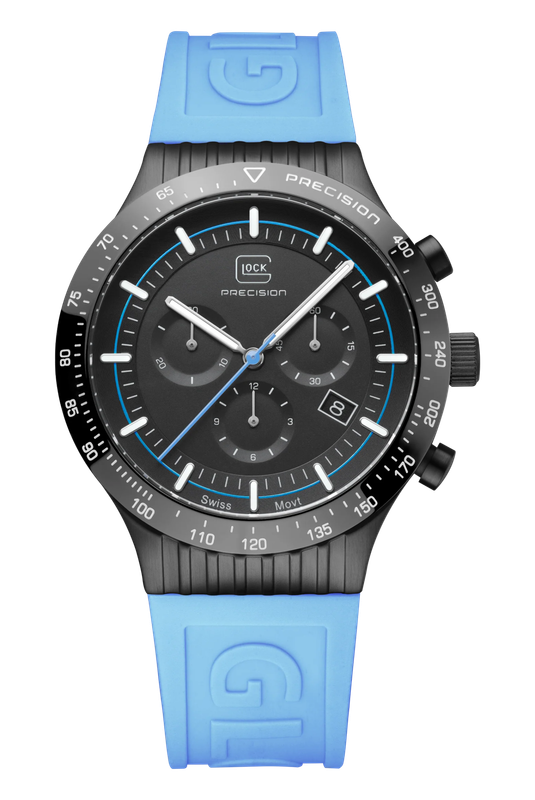 Men's Glock Watch With Light Blue Strap, Black Face And Black Case GW-34-2-24