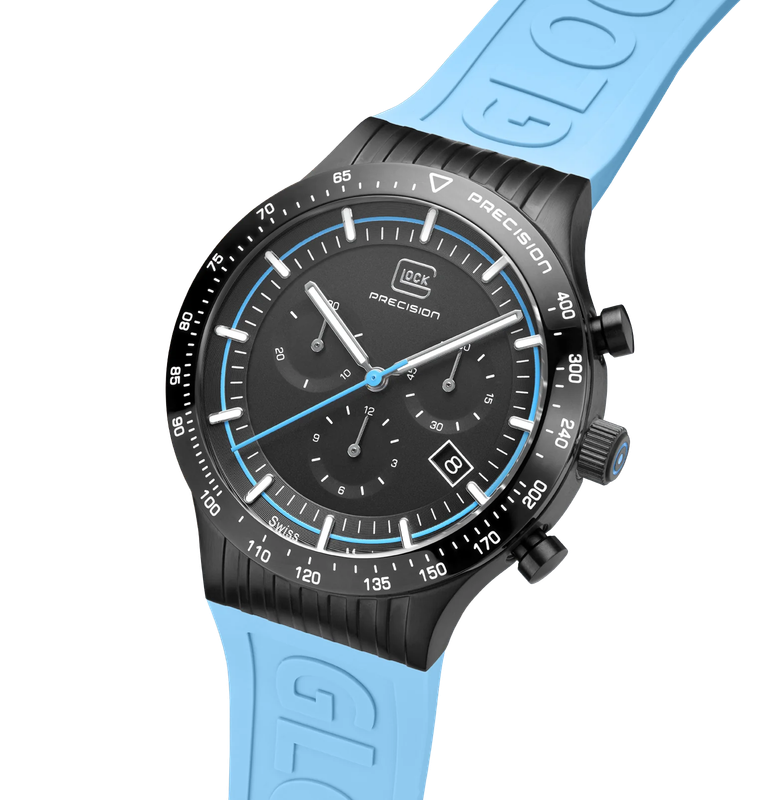 Men's Glock Watch With Light Blue Strap, Black Face And Black Case GW-34-2-24