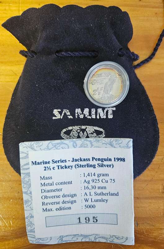 1998 SA Silver 2 1/2 Cent Proof Jackass Penguin (Tickey) in origional pouch with cert#195/5000