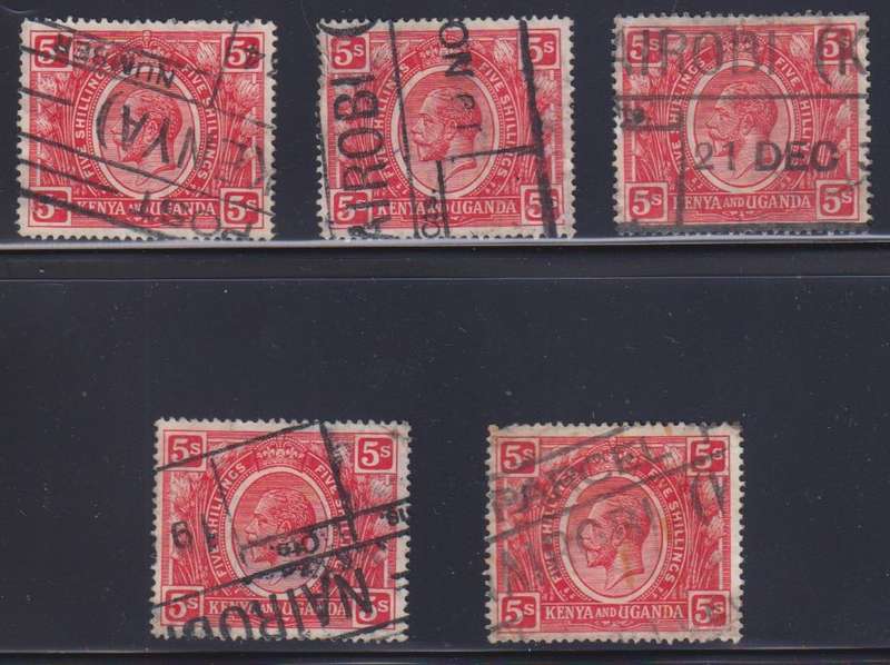 KENYA - UGANDA 1922 KGV NICE LOT OF 5/-'s SOUND USED CV £115