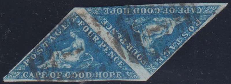 CAPE OF GOOD HOPE 1853 4d DEEP BLUE  TRIANGLE PAIR  FINE USED