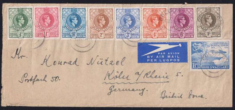 SWAZILAND KGV1 COVER FROM GOLLEL RAIL TO GERMANY (BRITISH ZONE)