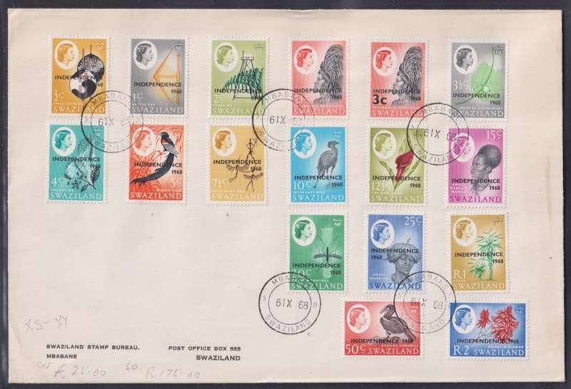 SWAZILAND 1968 INDEPENDENCE OVERPRINTS DEFINITIVES FDC