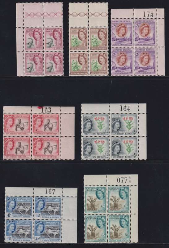 SOUTHERN RHODESIA RARE 1953 SET IN SHEET NUMBER BLOCKS SUPERB UM
