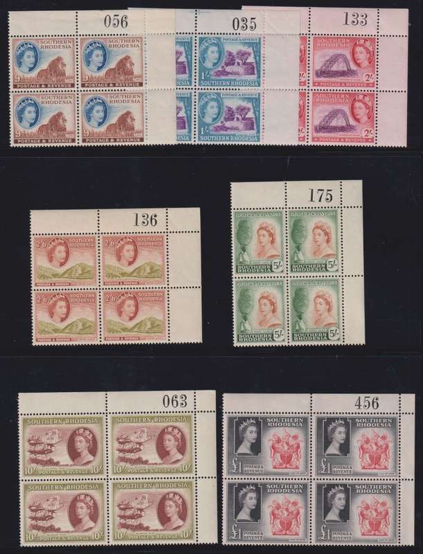 SOUTHERN RHODESIA RARE 1953 SET IN SHEET NUMBER BLOCKS SUPERB UM