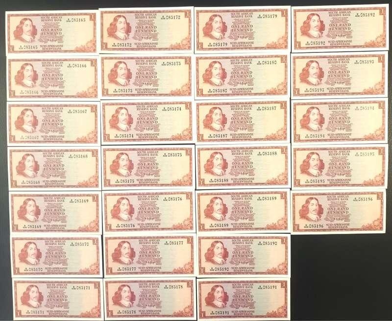 RSA ONE RAND  UNC BANKNOTES - TW DE JONGH - 26 NOTES - SOME IN SERIES - EXCELLENT CONDITION