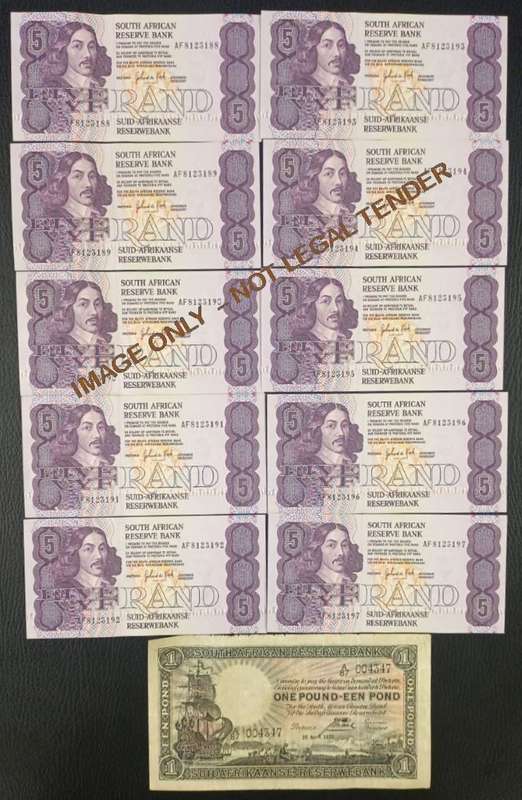 FIVE RAND  UNC GPC DE KOCK  BANKNOTES X 10 IN SERIES & 1 POUND J. POSTMUS NOTE