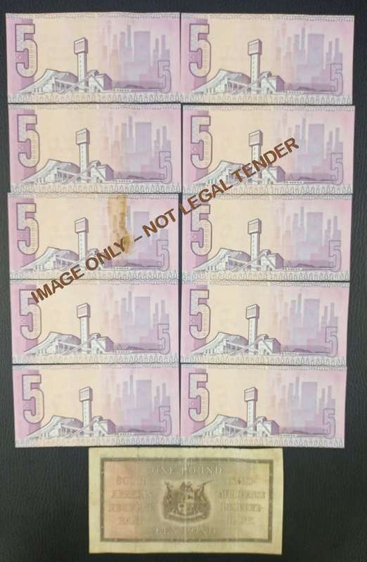 FIVE RAND  UNC GPC DE KOCK  BANKNOTES X 10 IN SERIES & 1 POUND J. POSTMUS NOTE
