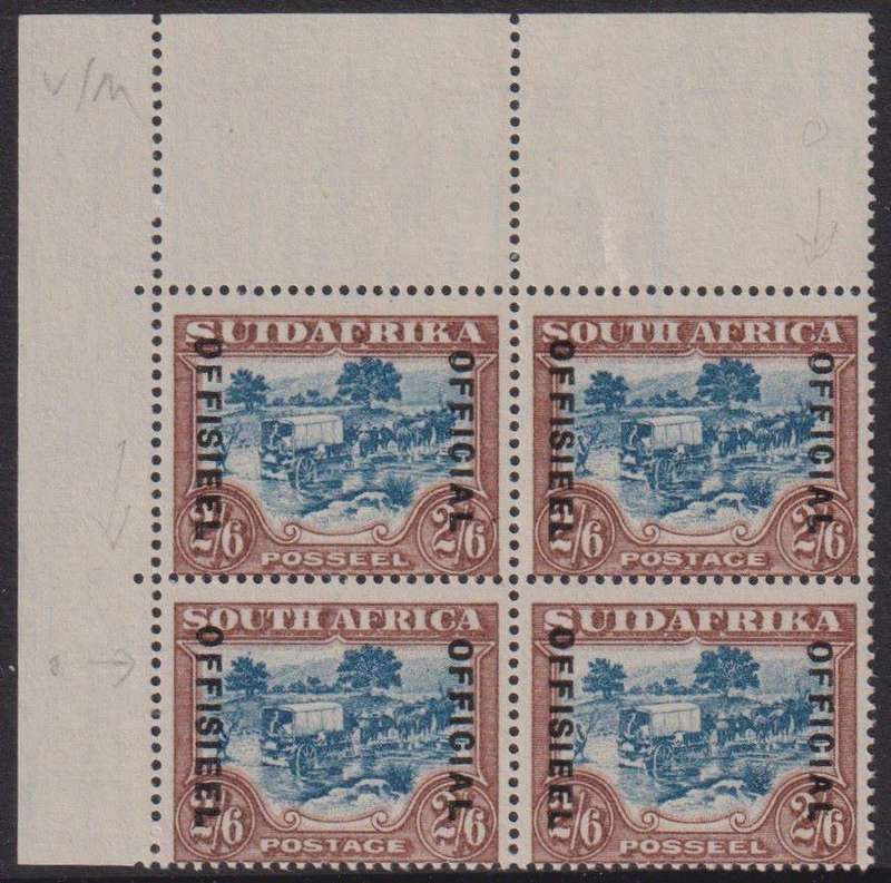 SA 1930 2/- BLUE & BROWN OFFICIAL UNMOUNTED MINT CORNER BLOCK - SACC O20c - CV R2400
