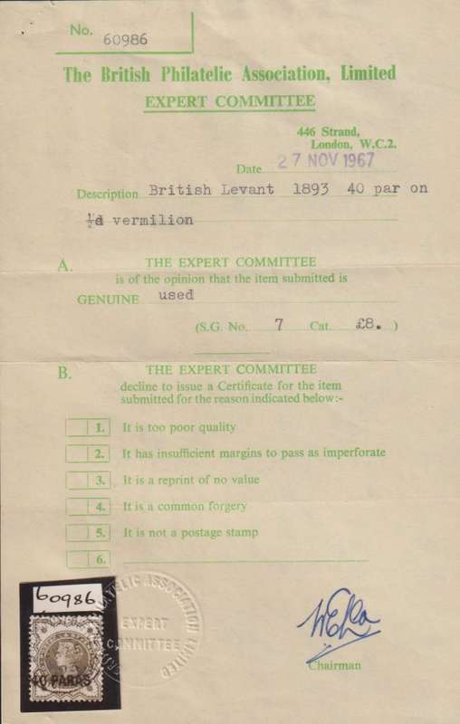 BRITISH LEVANT 1893 40P SOUND USED WITH CERT