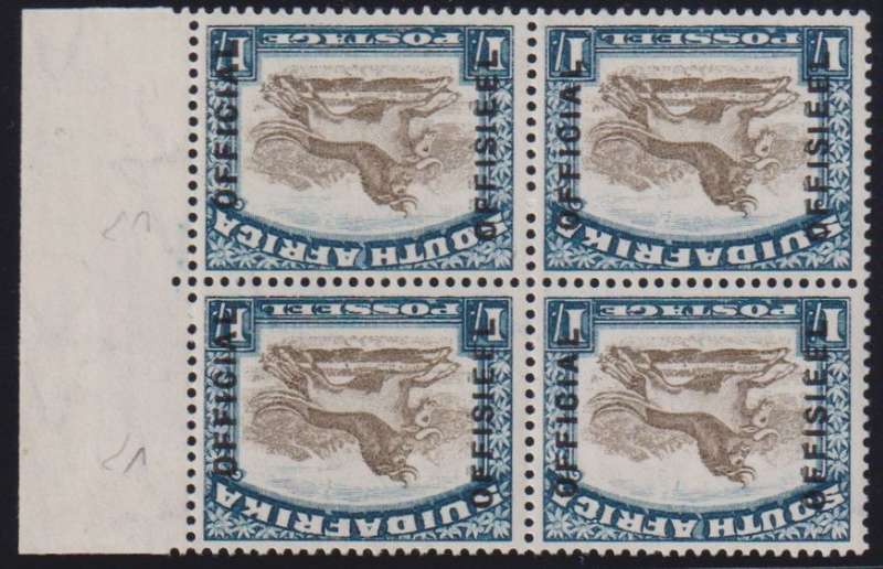 SA 1930 SCARCE 1/-  OFFICIAL BLOCK OF 4 UNMOUNTED MINT - SACC O18 - CV R3400+