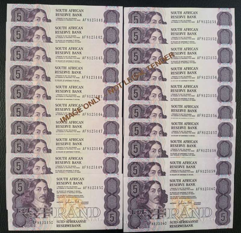 FIVE RAND UNC GPC DE KOCK  BANKNOTES X 20 - In Series