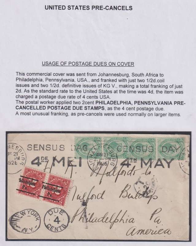 SA 1926 COVER TO USA WITH PRE-CANCELLED POSTAGE DUES - UNUSUAL