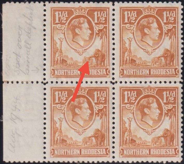NORTHERN RHODESIA 1941 "TICK BIRD" FLAW IN BLOCK  SUPERB LIGHTLY HINGED MINT