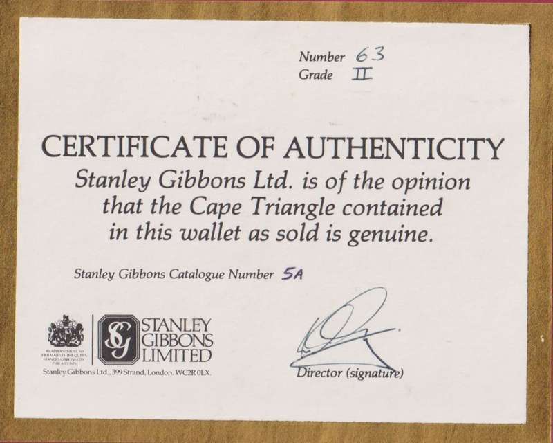 CAPE OF GOOD HOPE 1d TRIANGLE - STANLEY GIBBONS CERTIFICATE