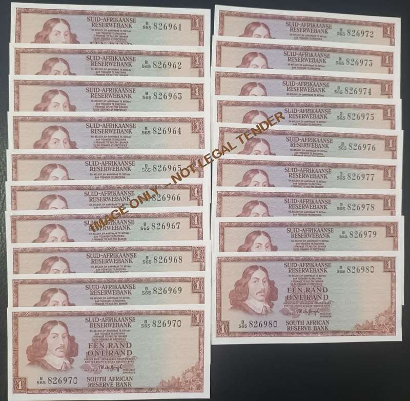 RSA ONE RAND  UNC BANKNOTES - TW DE JONGH - 19 NOTES - MOST IN SERIES - EXCELLENT CONDITION