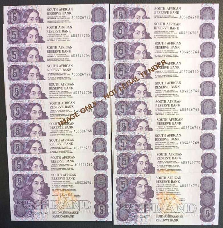 GPC DE KOCK  FIVE RAND UNC BANKNOTES x 20 in series