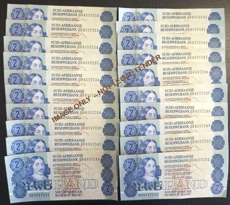 GPC DE KOCK  TWO RAND UNC BANKNOTES x 20 in series