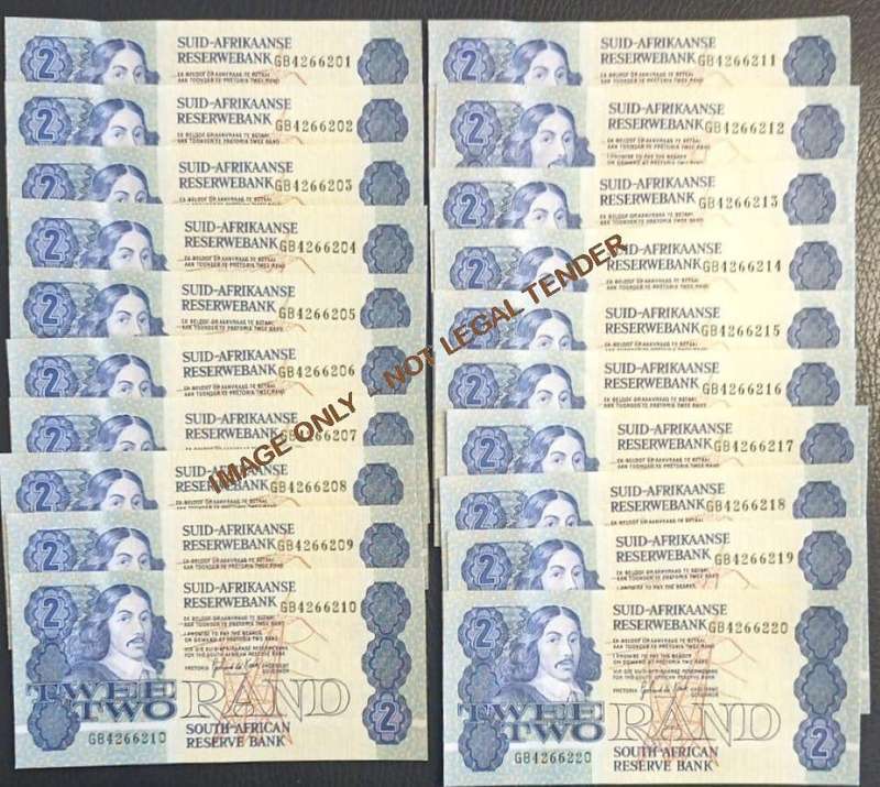 GPC DE KOCK  TWO RAND UNC BANKNOTES x 20 in series