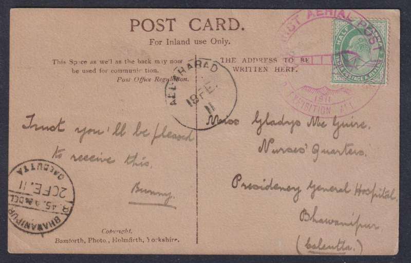 INDIA 1911 1st AERIAL POST POSTCARD TO A HOSPITAL IN CALCUTTA