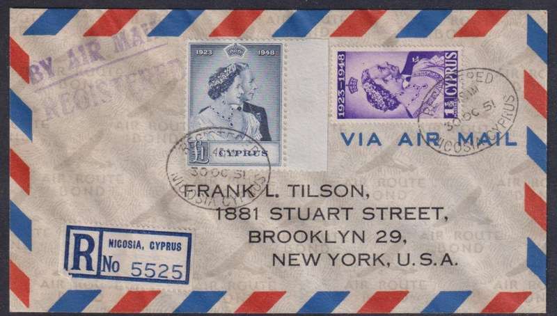 CYPRUS 1948 ROYAL SILVER WEDDING SET ON REGISTERED COVER NICOSIA TO USA