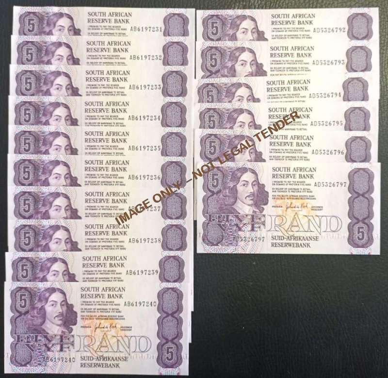 FIVE RAND  UNC GPC DE KOCK  BANKNOTES X 16 - 2 lots in series
