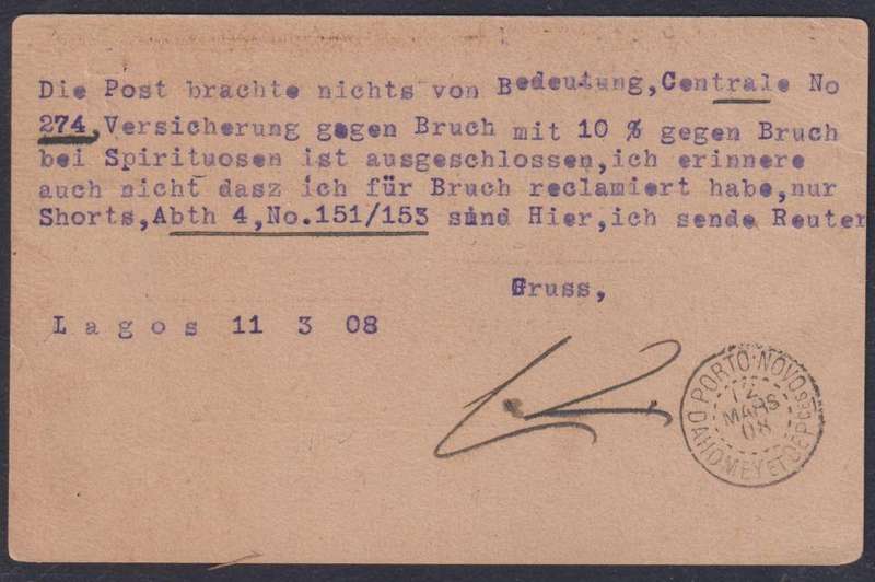 SOUTHERN NIGERIA UPRATED 1908 POSTCARD - LAGOS-PORTO-NOVO