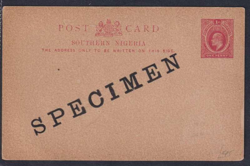 SOUTHERN NIGERIA UNUSED KEV11 SPECIMEN POSTCARD