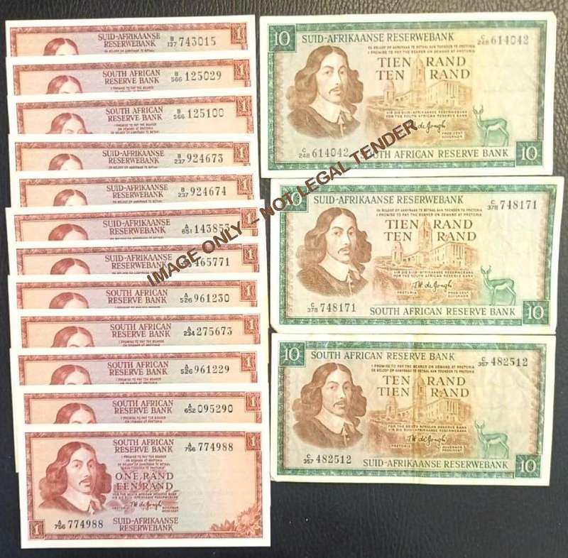RSA 12 x  ONE RAND  UNC BANKNOTES & 3 x R10 NOTES - TW DE JONGH