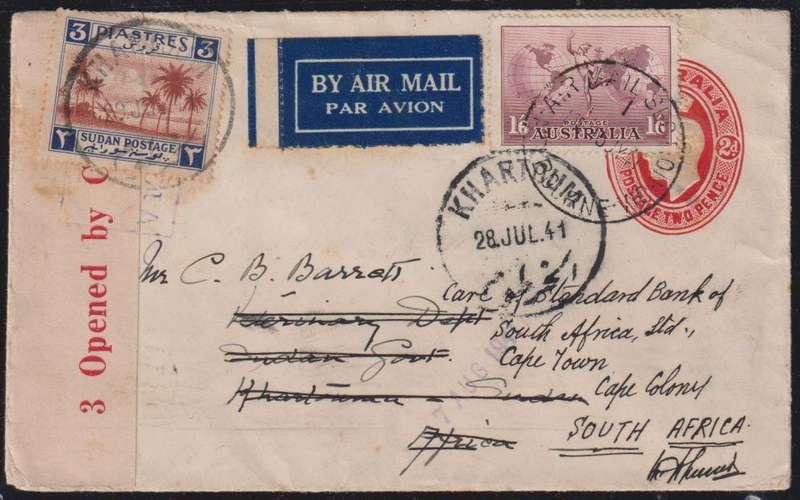 AUSTRALIA 1941 CENSORED COVER TO SUDAN, RE-ADDRESSED TO CAPETOWN
