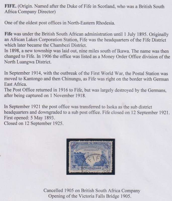 RHODESIA 1905 VIC FALLS 2 1/2d CANCELLED AT "FIFE" WRITTEN UP