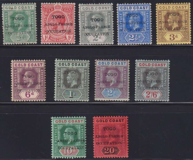 TOGO O/P ON GOLD COAST KGV VALUES TO 20/- FINE HINGED MINT