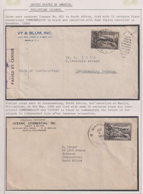 PHILIPPINE ISLANDS, USA, WW11 COVERS TO SA WRITTEN UP