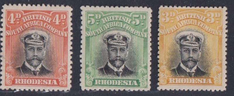 RHODESIA - BSAC 1913 ADMIRAL 3d, 4d,5d SACC 211/1/3 FINE HINGED MINT CV R1050