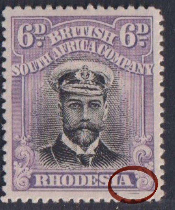RHODESIA - BSAC 1913 ADMIRAL 6d "PRINTER'S GUIDE LINE"  SACC 229 FINE HINGED MINT CV R3000