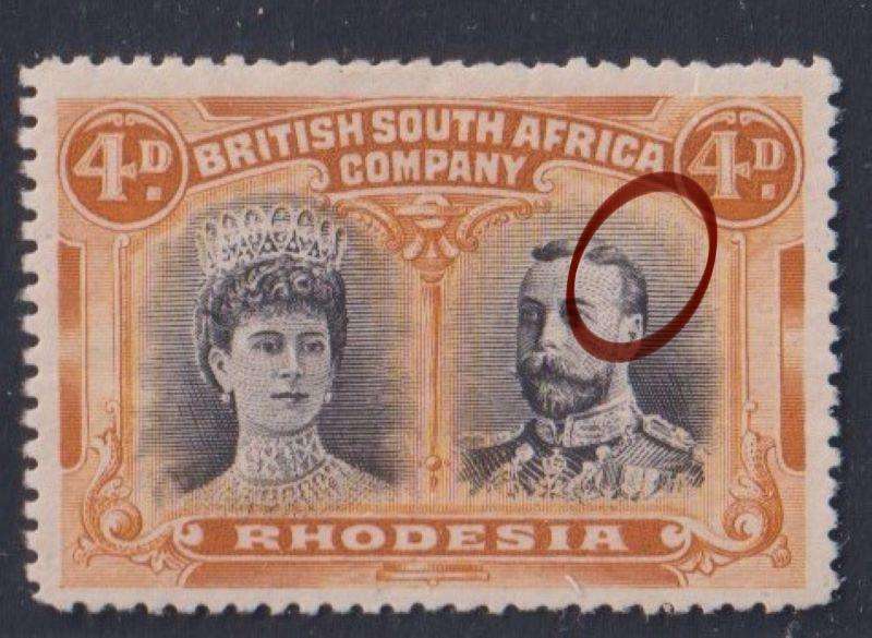 RHODESIA - BSAC 1910 4d DOUBLE HEAD "WISP IN KING'S HAIR"   SACC 139 FINE  HINGED MINT CV R1700+