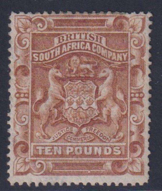 RHODESIA 1892 £10  FINE HINGED MINT SG 13 CV £2750