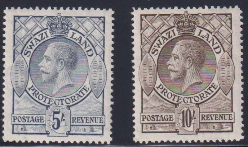 SWAZILAND 1933 KGV 5/- & 10/- SUPERB HINGED MINT SACC 18/9 CV R4500