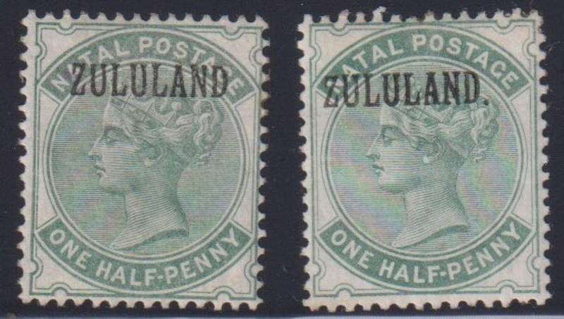 ZULULAND 1888 QVIC 1/2d "NO STOP"  & "WITH STOP" - UHINGED MINT SACC 12/12c