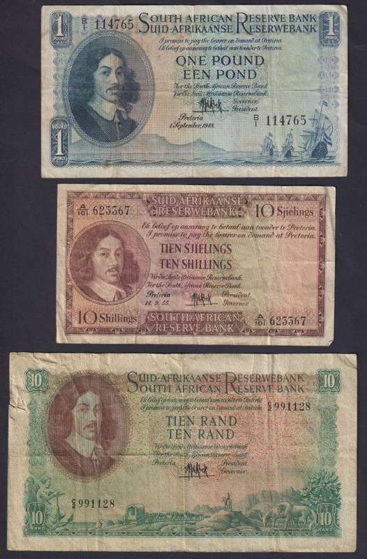 MH DE KOCK ONE POUND,  TEN SHILLINGS AND TEN RAND NOTES