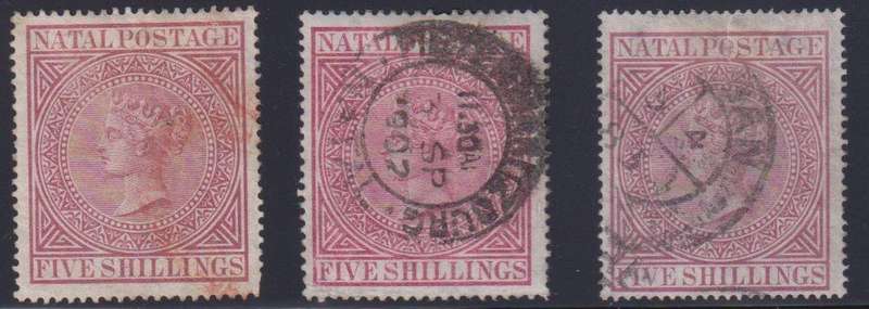 NATAL 1874-1882 5/- THREE SHADES SOUND USED CV R5000