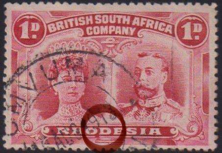 RHODESIA - BSAC 1910 1d DOUBLE HEAD "OD" FLAW SACC 123c CV R1000 "UMVUMA" CDS