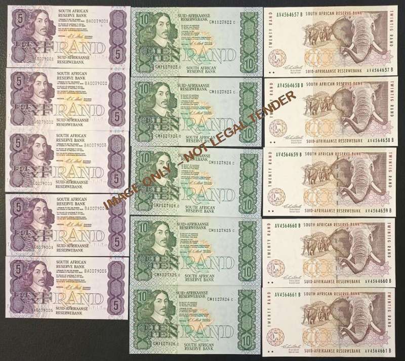 COLLECTION OF FIVE RAND, TEN  RAND  & TWENTY RAND CL STALS  BANKNOTES X 15 IN TOTAL- UNC