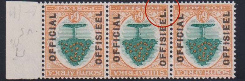 SA 1930 6d OFFICIAL  "STOP AFTER OFFISIEEL" VARIETY IN STRIP - SACC O16b - CV R1800