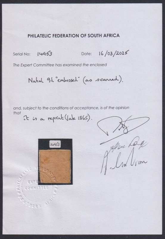 NATAL 9d 1865 EMBOSSED REPRINT WITH CERT