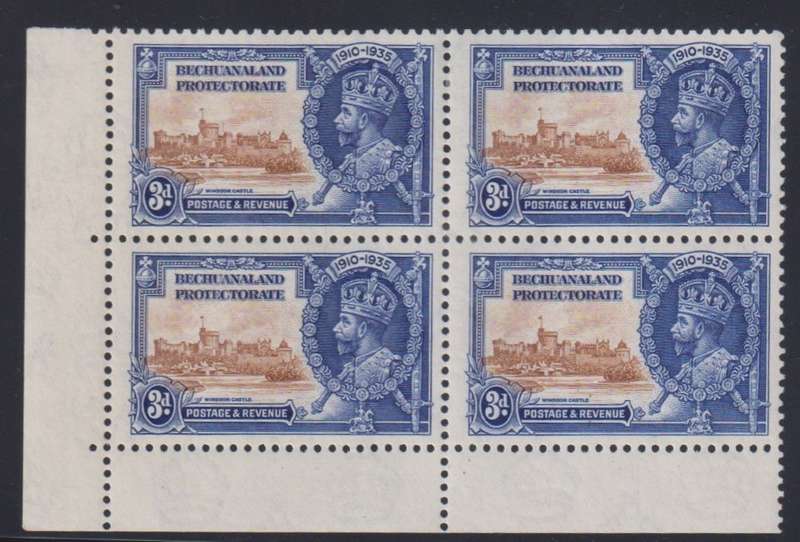 BECHUANALAND 1935 SILVER JUBILEE 3d "EXTRA FLAGSTAFF"  VARIETY in BLOCK