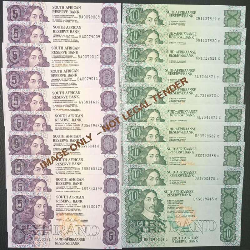 COLLECTION OF FIVE RAND & TEN  RAND CL STALS  BANKNOTES X 20 IN TOTAL- UNC